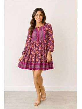 Easel Woman Floral Tie Tassel V-Neck Relax Babydoll Dress SMALL Boho Folk Summer